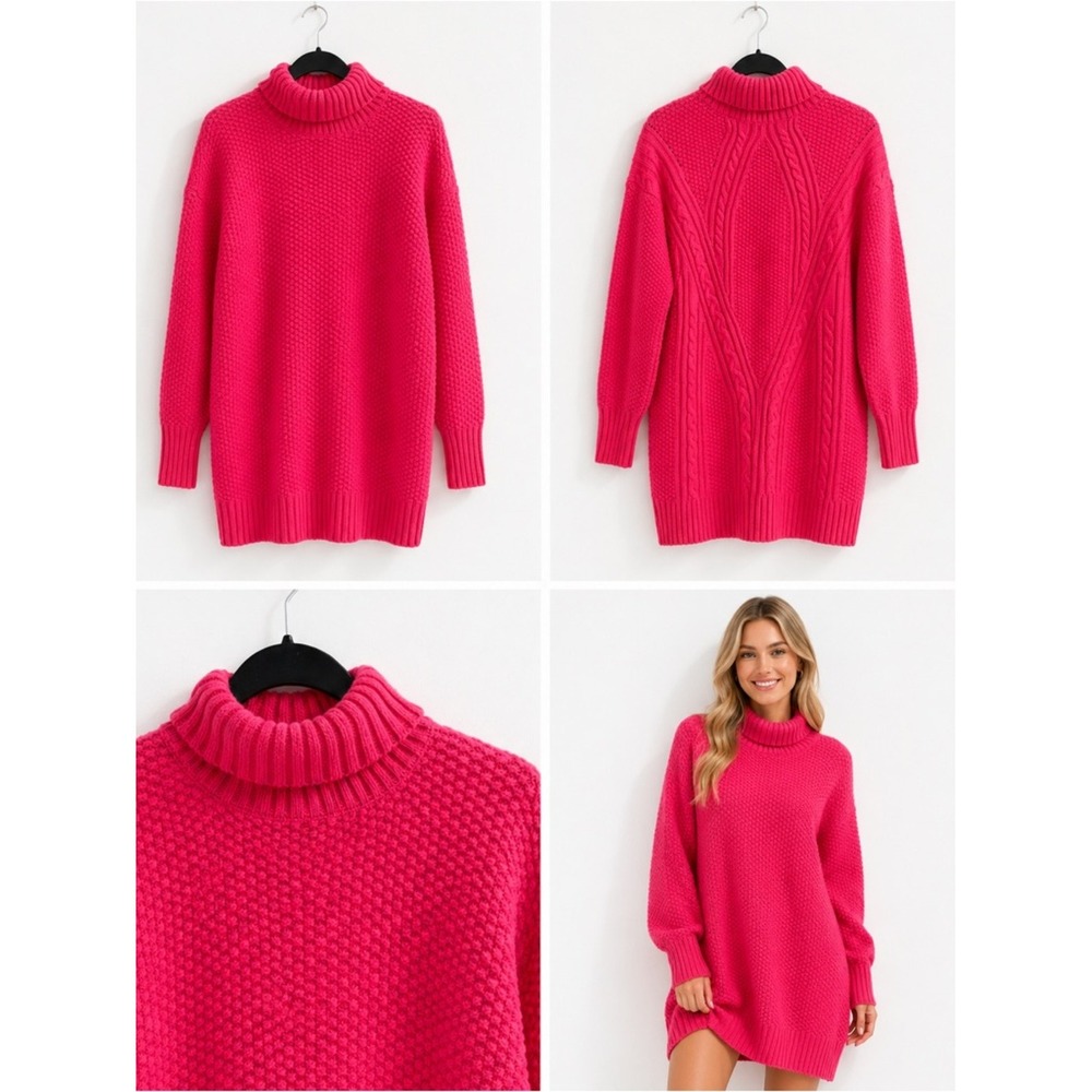 Turtleneck Knit Sweater Dress - Hot Pink